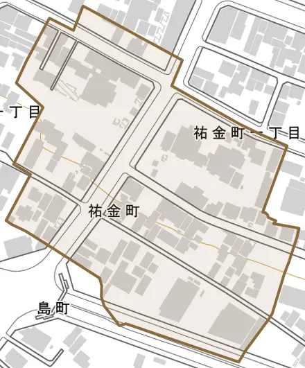 祐金町とその周辺の地図。町の範囲を重ねている