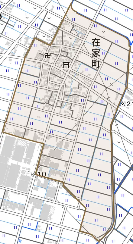 在家町とその周辺の地図。町の範囲を重ねている