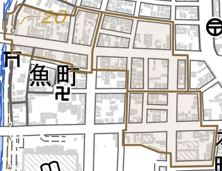 材木町とその周辺の地図。町の範囲を重ねている