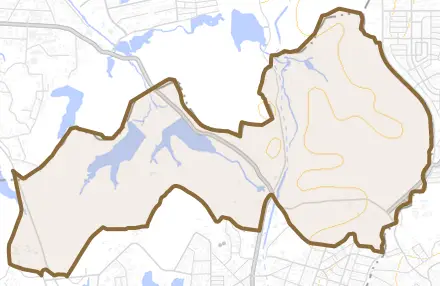 大字新居とその周辺の地図。町の範囲を重ねている