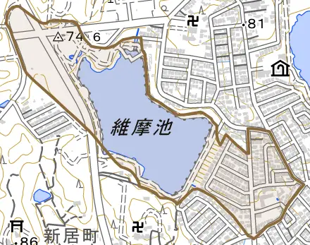 新居町今池下とその周辺の地図。町の範囲を重ねている