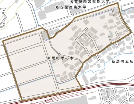 新居町木の本とその周辺の地図。町の範囲を重ねている