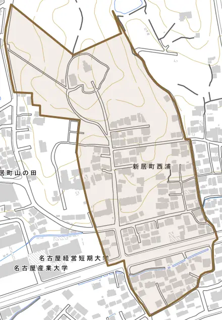 新居町西浦とその周辺の地図。町の範囲を重ねている