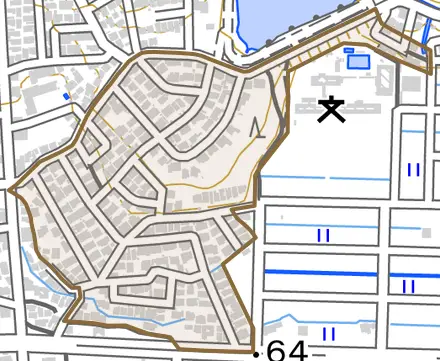 新居町下切戸とその周辺の地図。町の範囲を重ねている