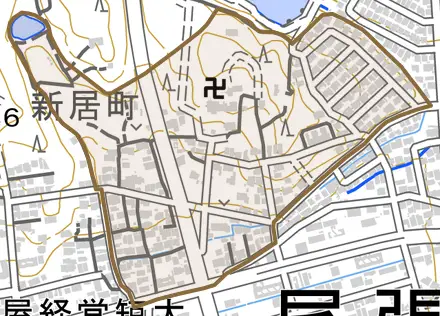 新居町寺田とその周辺の地図。町の範囲を重ねている