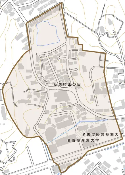 新居町山の田とその周辺の地図。町の範囲を重ねている
