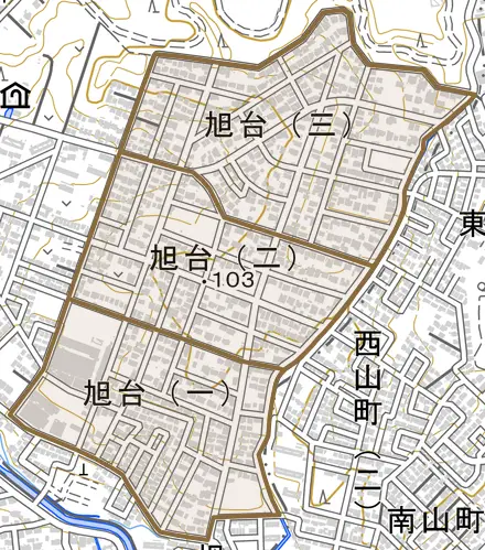 旭台とその周辺の地図。町の範囲を重ねている