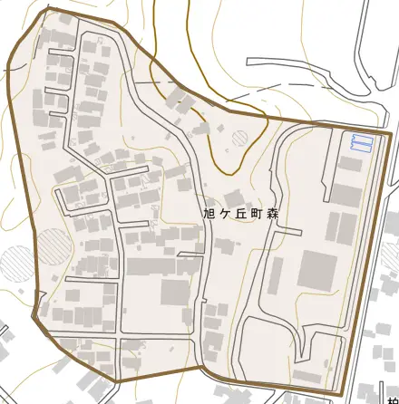 旭ケ丘町森とその周辺の地図。町の範囲を重ねている