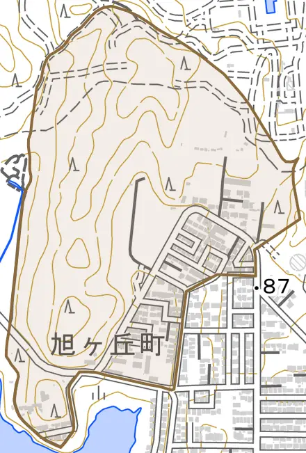 旭ケ丘町長洞とその周辺の地図。町の範囲を重ねている
