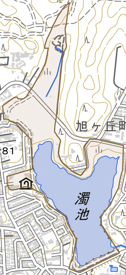 旭ケ丘町濁池とその周辺の地図。町の範囲を重ねている