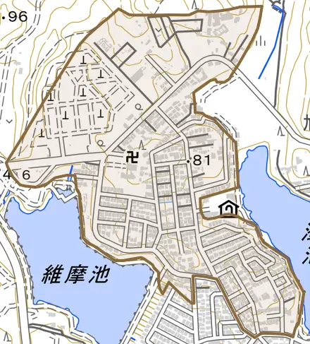 旭ケ丘町山の手とその周辺の地図。町の範囲を重ねている