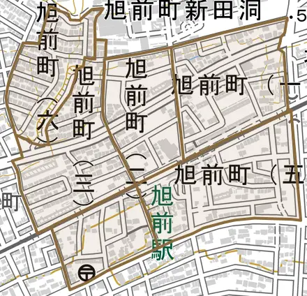 旭前町とその周辺の地図。町の範囲を重ねている