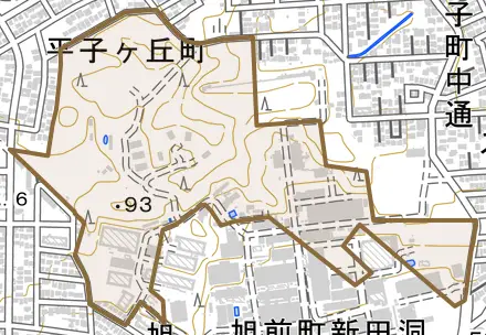 旭前町北とその周辺の地図。町の範囲を重ねている