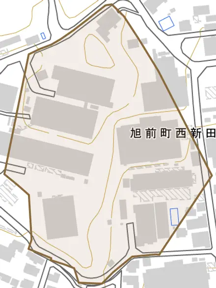 旭前町西新田とその周辺の地図。町の範囲を重ねている