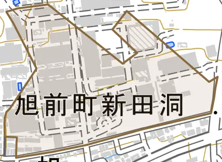 旭前町新田洞とその周辺の地図。町の範囲を重ねている