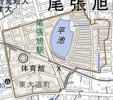東大道町原田とその周辺の地図。町の範囲を重ねている