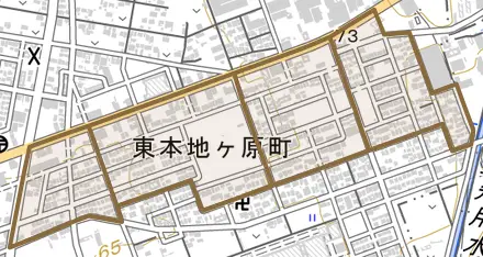 東本地ケ原町とその周辺の地図。町の範囲を重ねている