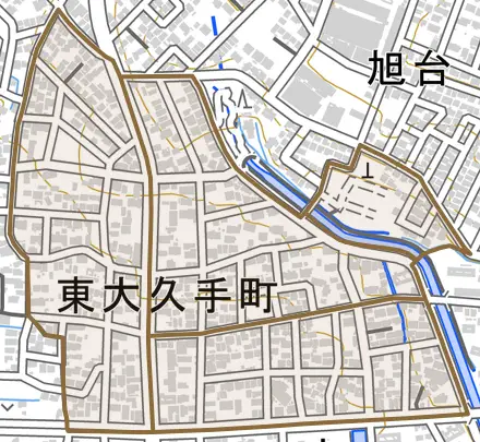 東大久手町とその周辺の地図。町の範囲を重ねている