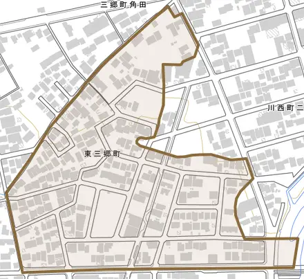 東三郷町とその周辺の地図。町の範囲を重ねている