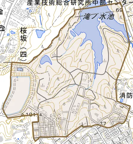 平子町東とその周辺の地図。町の範囲を重ねている