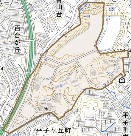 平子町北とその周辺の地図。町の範囲を重ねている