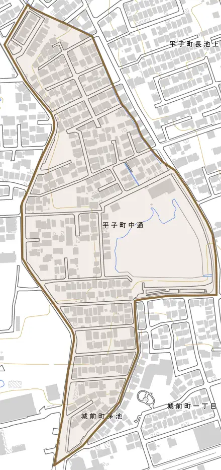 平子町中通とその周辺の地図。町の範囲を重ねている