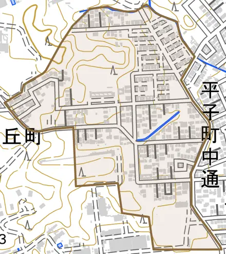 平子町西とその周辺の地図。町の範囲を重ねている