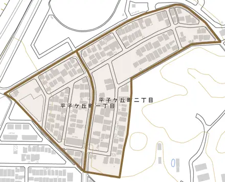 平子ケ丘町とその周辺の地図。町の範囲を重ねている