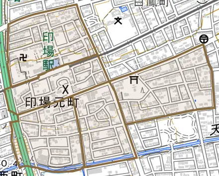 印場元町とその周辺の地図。町の範囲を重ねている