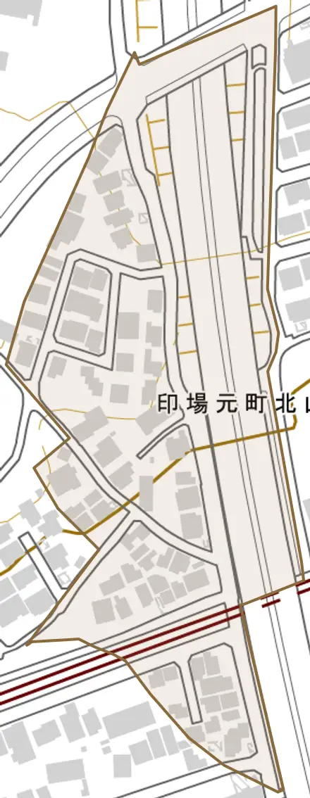 印場元町北山とその周辺の地図。町の範囲を重ねている