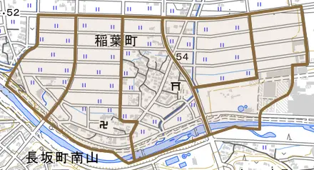 稲葉町とその周辺の地図。町の範囲を重ねている