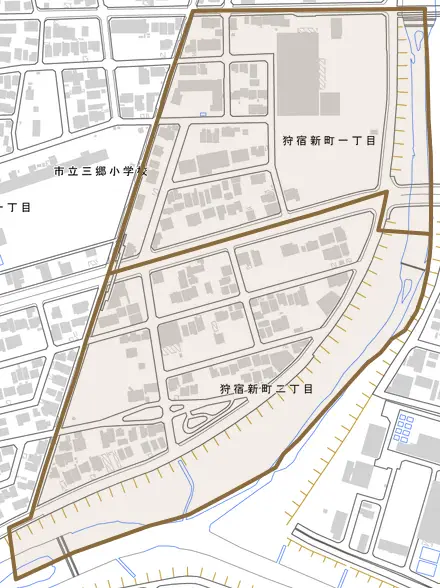 狩宿新町とその周辺の地図。町の範囲を重ねている