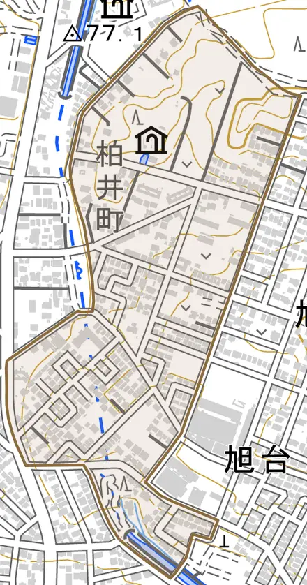 柏井町弥栄とその周辺の地図。町の範囲を重ねている
