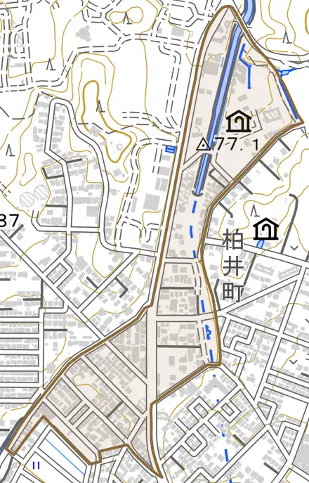 柏井町公園通とその周辺の地図。町の範囲を重ねている