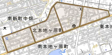 北本地ケ原町とその周辺の地図。町の範囲を重ねている