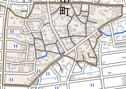 北山町北山とその周辺の地図。町の範囲を重ねている