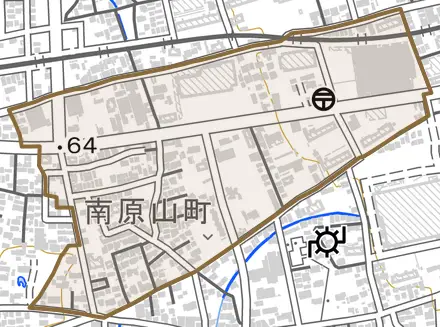 南原山町赤土とその周辺の地図。町の範囲を重ねている