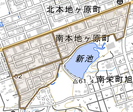 南本地ケ原町とその周辺の地図。町の範囲を重ねている