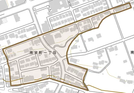 南栄町とその周辺の地図。町の範囲を重ねている