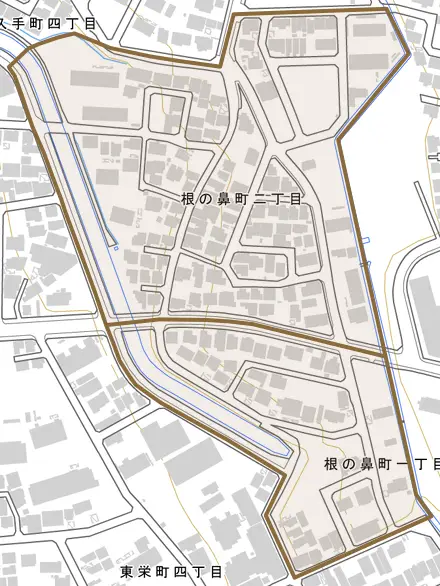 根の鼻町とその周辺の地図。町の範囲を重ねている