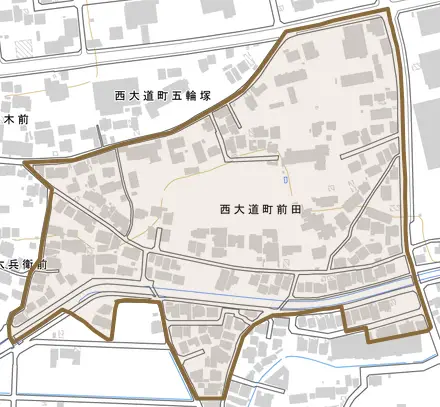 西大道町前田とその周辺の地図。町の範囲を重ねている