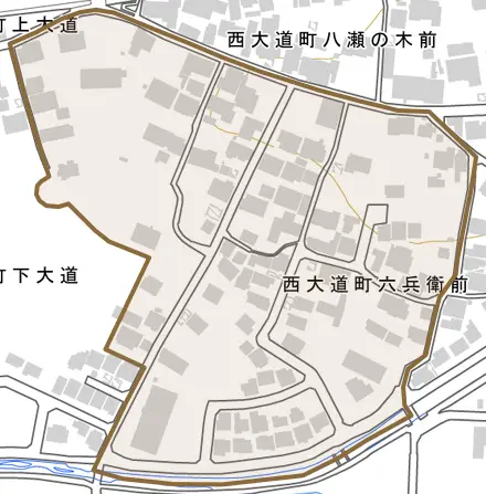 西大道町六兵衛前とその周辺の地図。町の範囲を重ねている