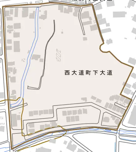 西大道町下大道とその周辺の地図。町の範囲を重ねている