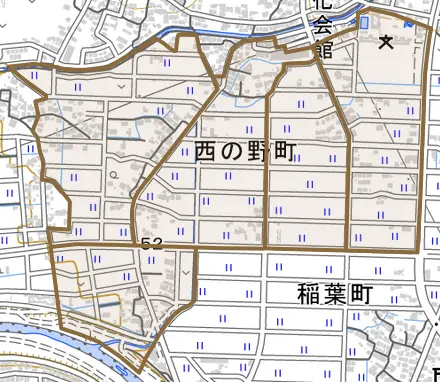西の野町とその周辺の地図。町の範囲を重ねている