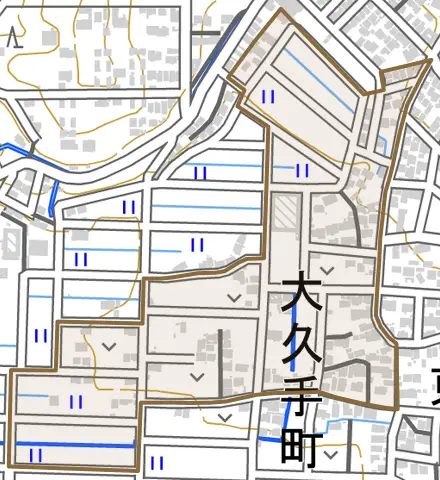 大久手町中松原とその周辺の地図。町の範囲を重ねている