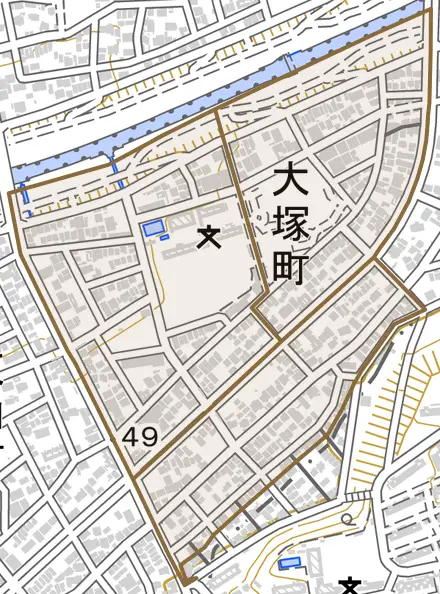 大塚町とその周辺の地図。町の範囲を重ねている