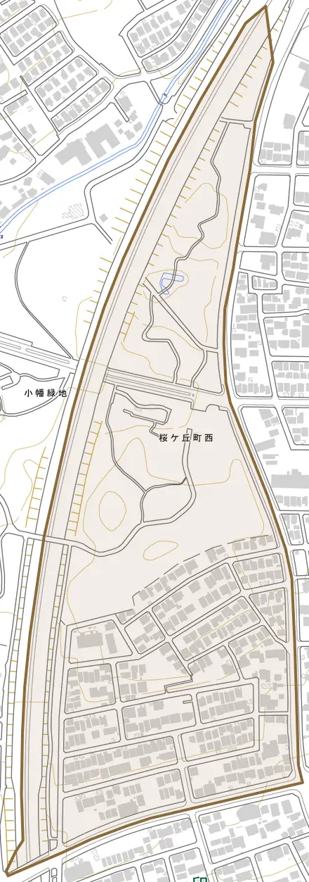 桜ケ丘町西とその周辺の地図。町の範囲を重ねている