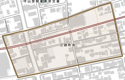 三郷町栄とその周辺の地図。町の範囲を重ねている
