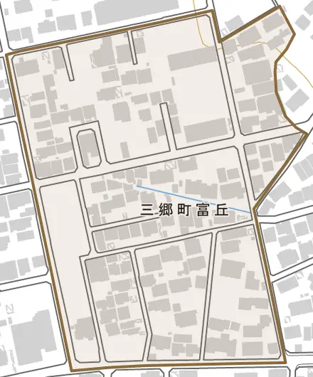 三郷町富丘とその周辺の地図。町の範囲を重ねている