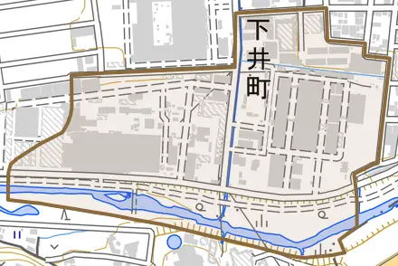 下井町下井とその周辺の地図。町の範囲を重ねている